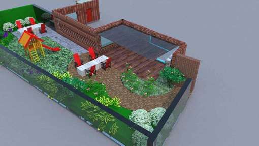 tuinontwerp in Breda Haagse beemden met rvs water element verhoogde vlonder zwevend. natuursteen, sfeer heldere lijnen