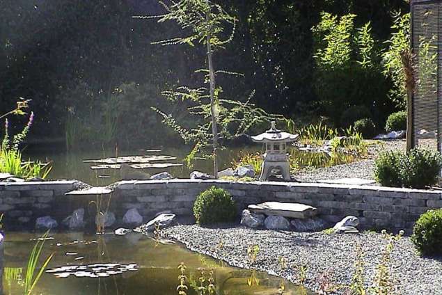 vijver in waalwijk met natuurlijke oever van basaltsplit waalwijk hoveniers