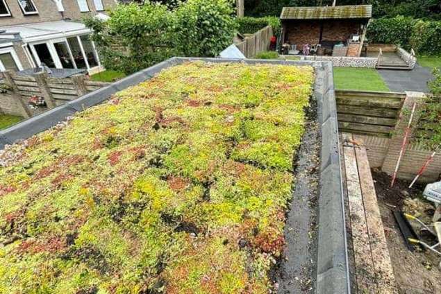 Luxe tuinoverkapping met eiken balken steekschoren sedum dak en keramische tegel vloer