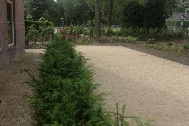 taxus baccata met op de achtergrond een jeu de boules baantje tuinontwerpen en tuinaanleggen in tilburg breda ulvenhout goirle gilze en rijen poppel turnhout aarle rixtel