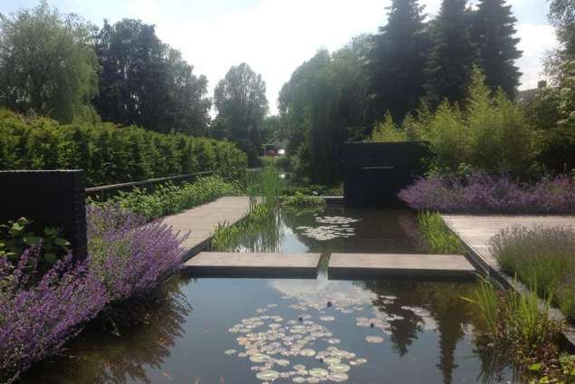 strakke moderen vijver bij een landhuis in de blaak, in de vijver staan waterplanten zoals snoekkruid waterlelie zwanbloem dotterbloem hovenier tilburg