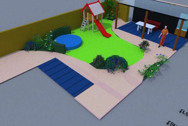 tuinontwerp met trampoline tuinoverkapping 300x600 cm met gras tuinborders vaste planten en kindvriendelijk