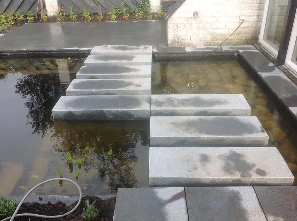 004regenwulp/stapstenen in de vijver moderne tuin