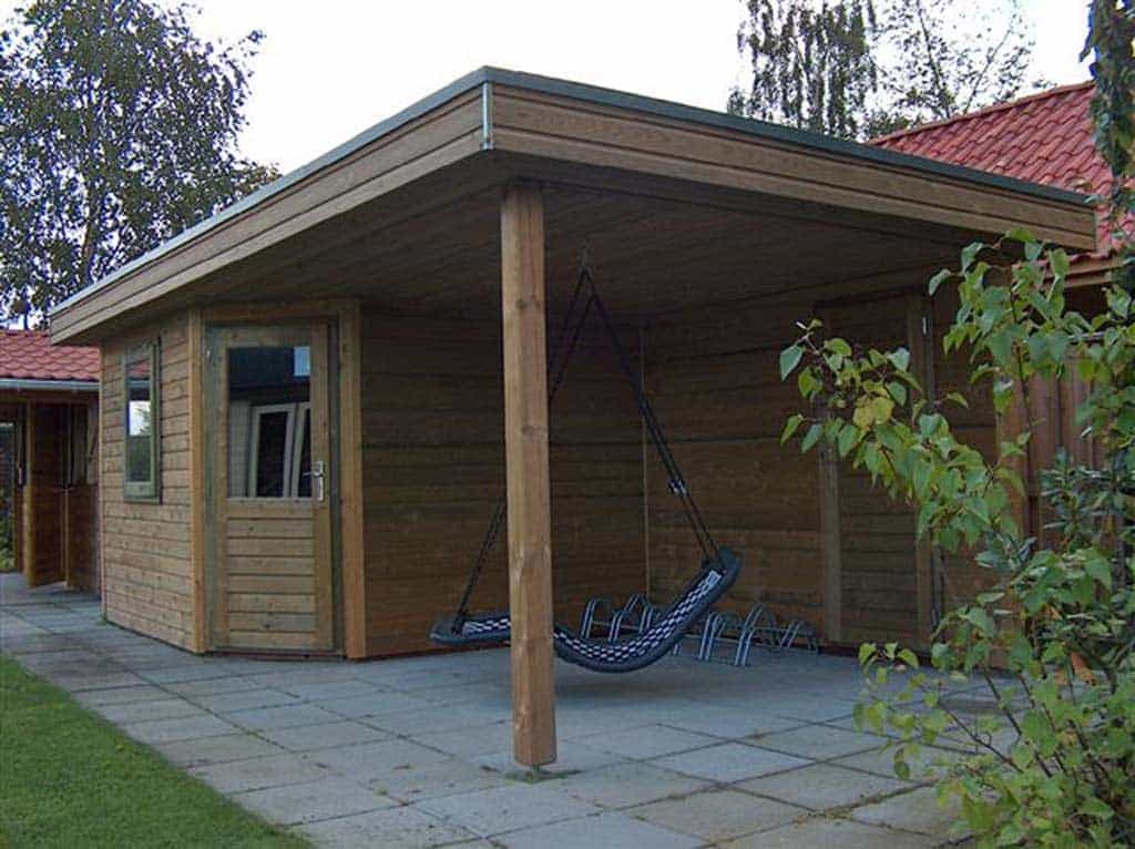 kruispunt schuttingen/4 tuinschuur met overkapping afmeting 400x650