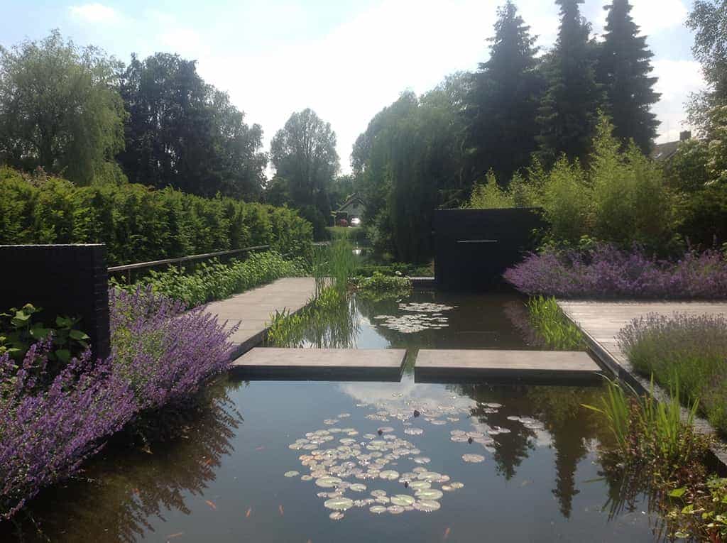 olpen/1 strakke moderne vijver met rvs water element brievenbus. heldere vijver tilburg